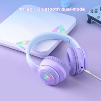 Sluchátka AJIJAR Bluetooth Cat Ear pro děti, skládací sluchátka v bezdrátovém i kabelovém režimu, s mikrofonem, RGB světlem (fia